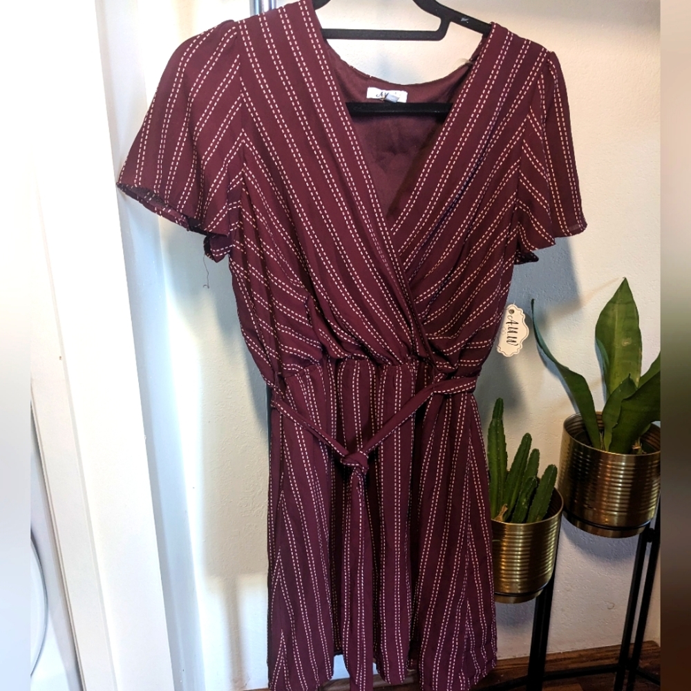 Burgundy Short Sleeve Faux Wrap Dress